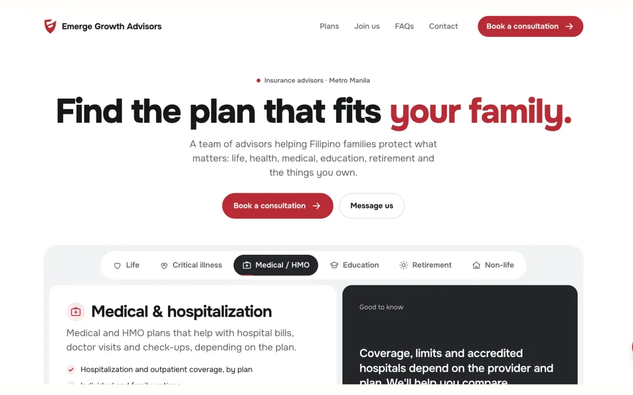 The Emerge Growth Advisors home page introduces the family plan finder.