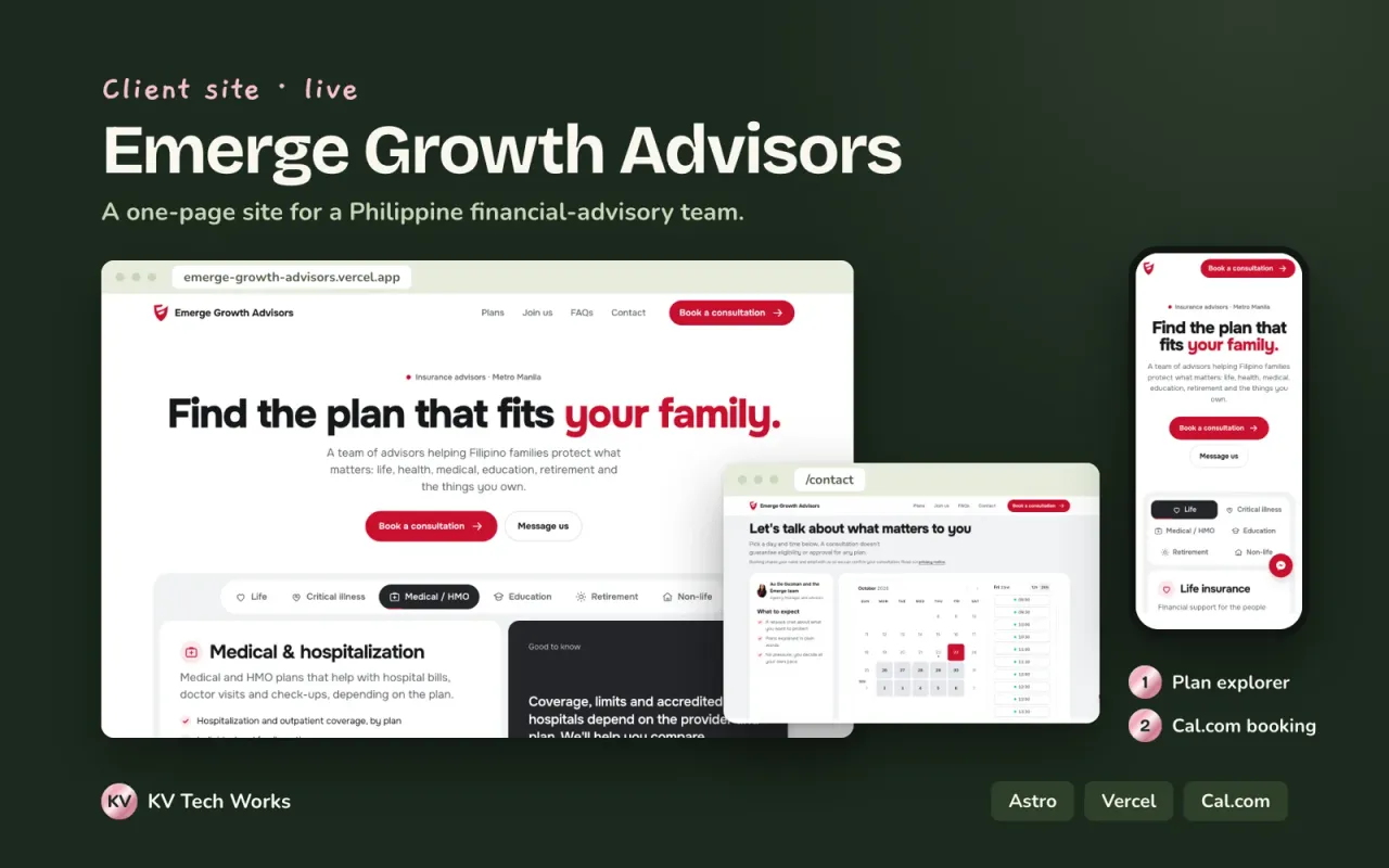 Infographic overview of Emerge Growth Advisors and its financial-advisory website.
