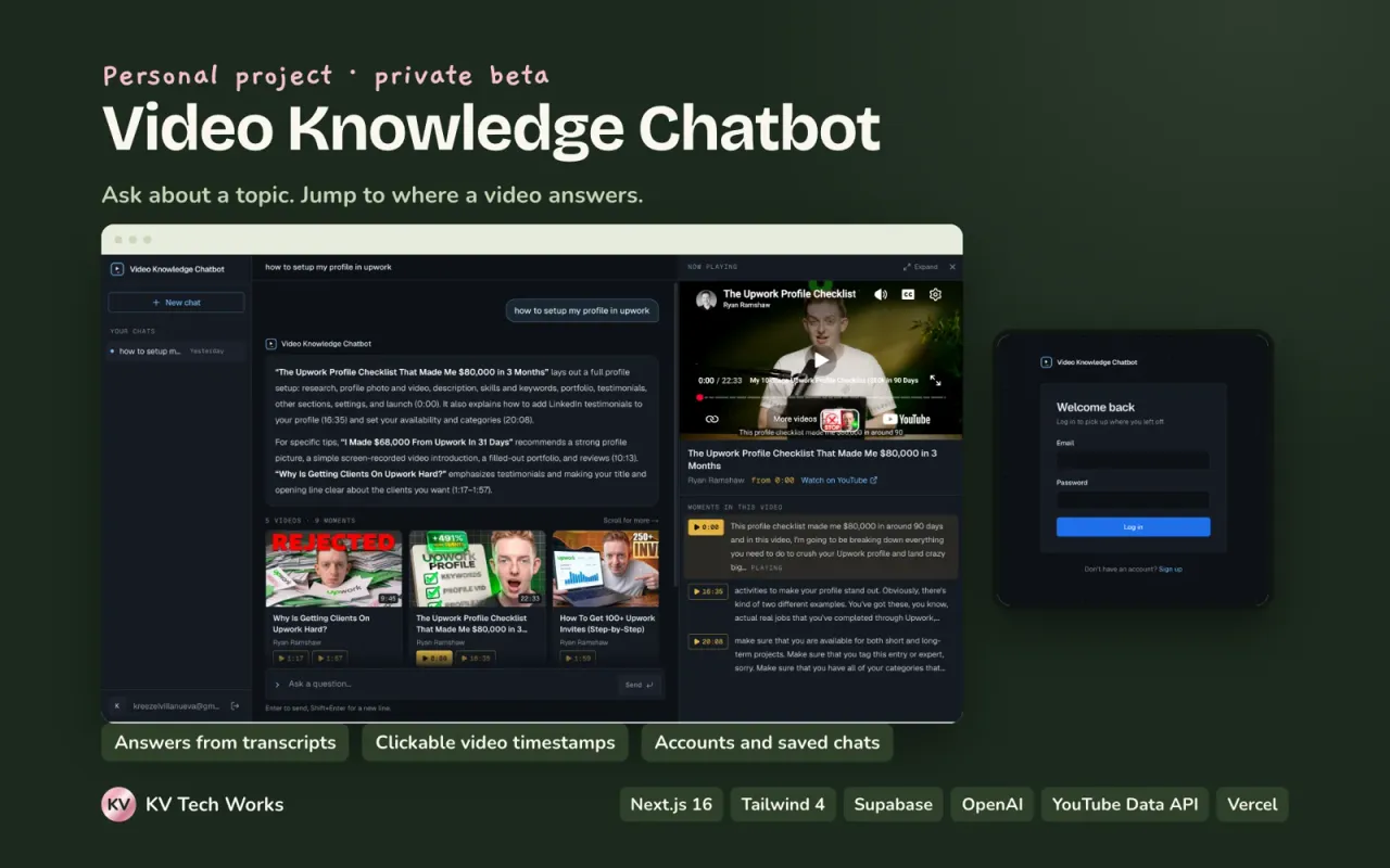Infographic overview of the Video Knowledge Chatbot and its timestamped video answers.