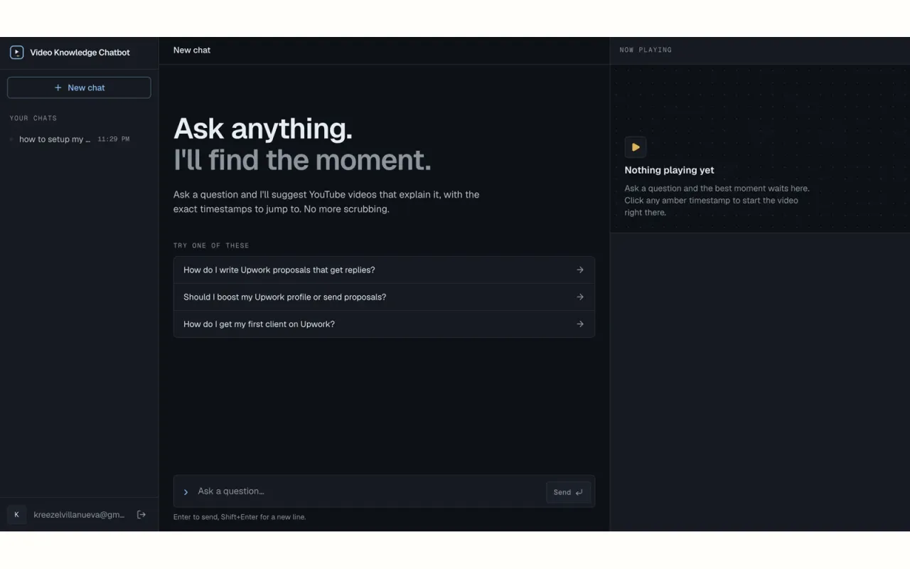 The new chat screen shows suggested questions and an empty video panel.