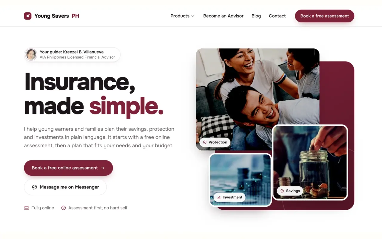 The YoungSaversPH home page promotes insurance, savings and investment advice.